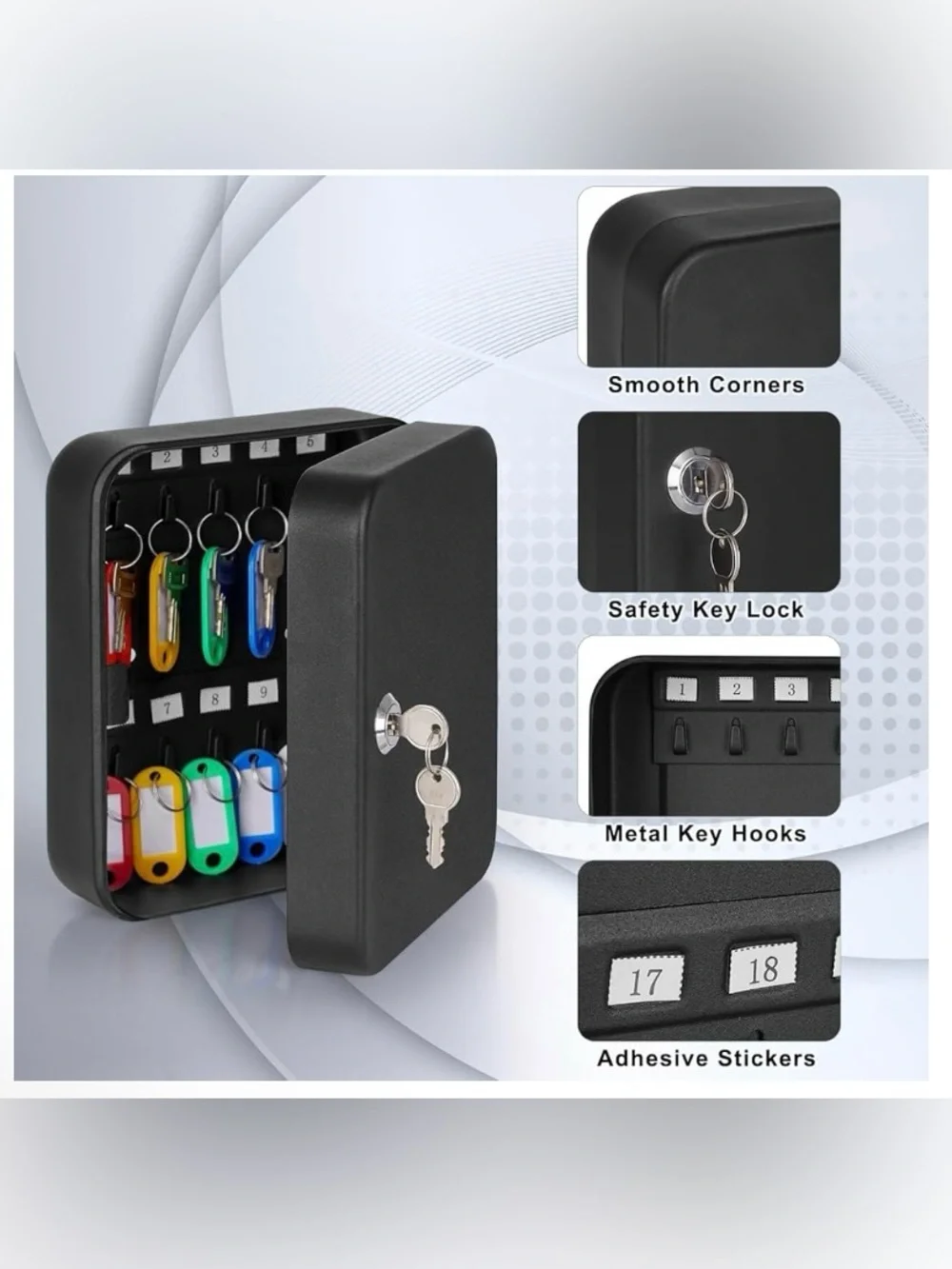 Key Safe Lock Box with Hooks and Number Labels - Black